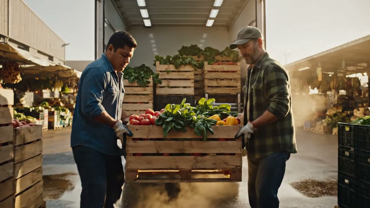 Workers loading crates of fresh produce onto a truck