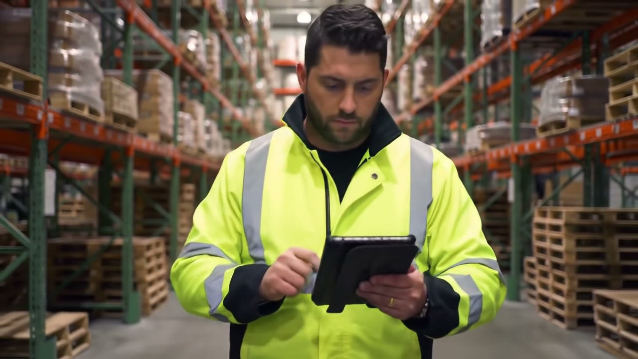 Worker in a hi-vis jacket checking a tablet in a cold-storage warehouse